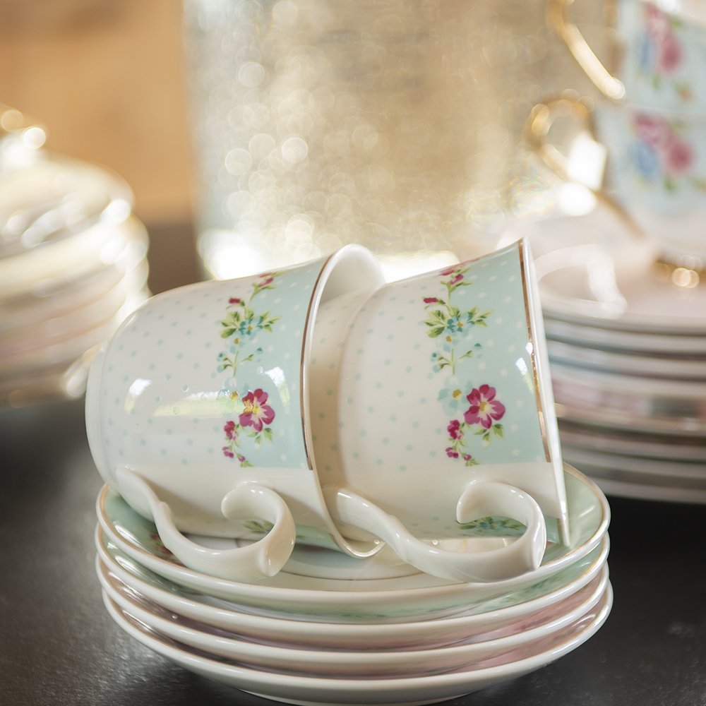 Kop en Schotel 250 ml Wit Groen Porselein Bloemen Servies