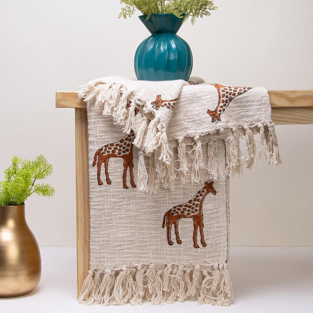 Deken met giraffeprint – 100% katoenen bank- en bedovertrek – met kwastjes – 50x70 inch