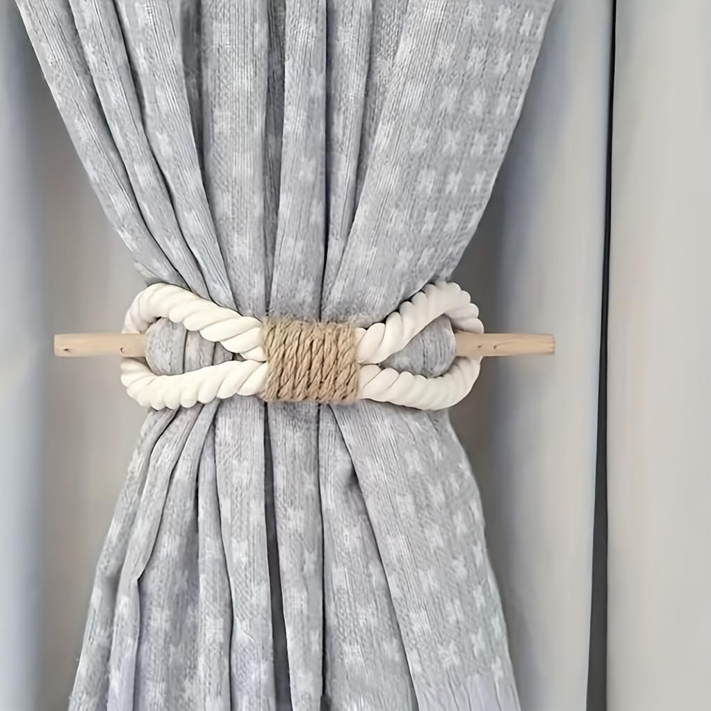 Gordijnhouders – Tie-Top Design – Massief hout, gebroken wit – Paar (2 stuks)
