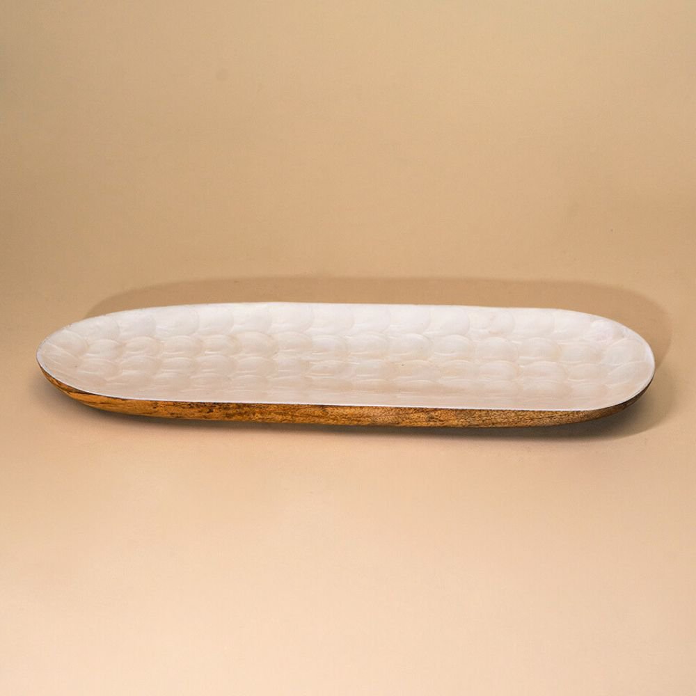 Mangohouten dienblad - geëmailleerde ellipsvorm, 38x12cm