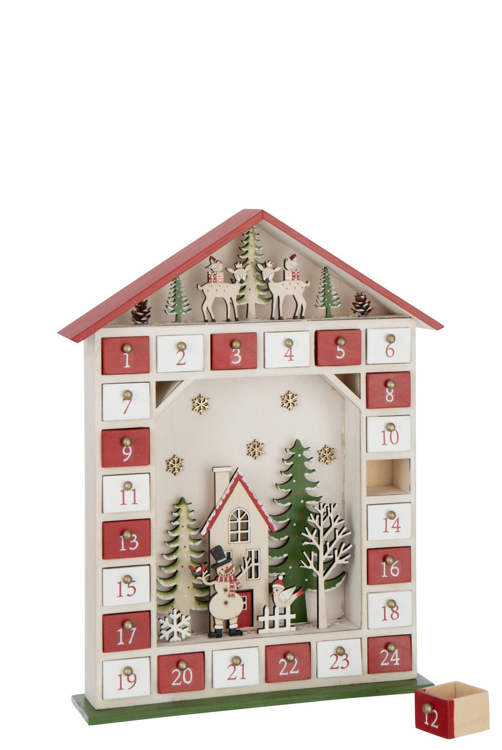 J-Line decoratie Huis Adventskalender- multiplex - rood/wit - LED