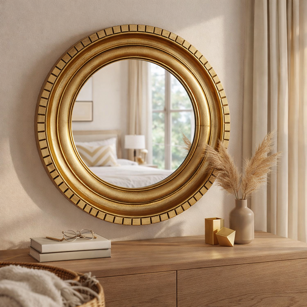Luxe gouden wandspiegel – handgemaakt frame van goudfolie voor een stijlvol huis