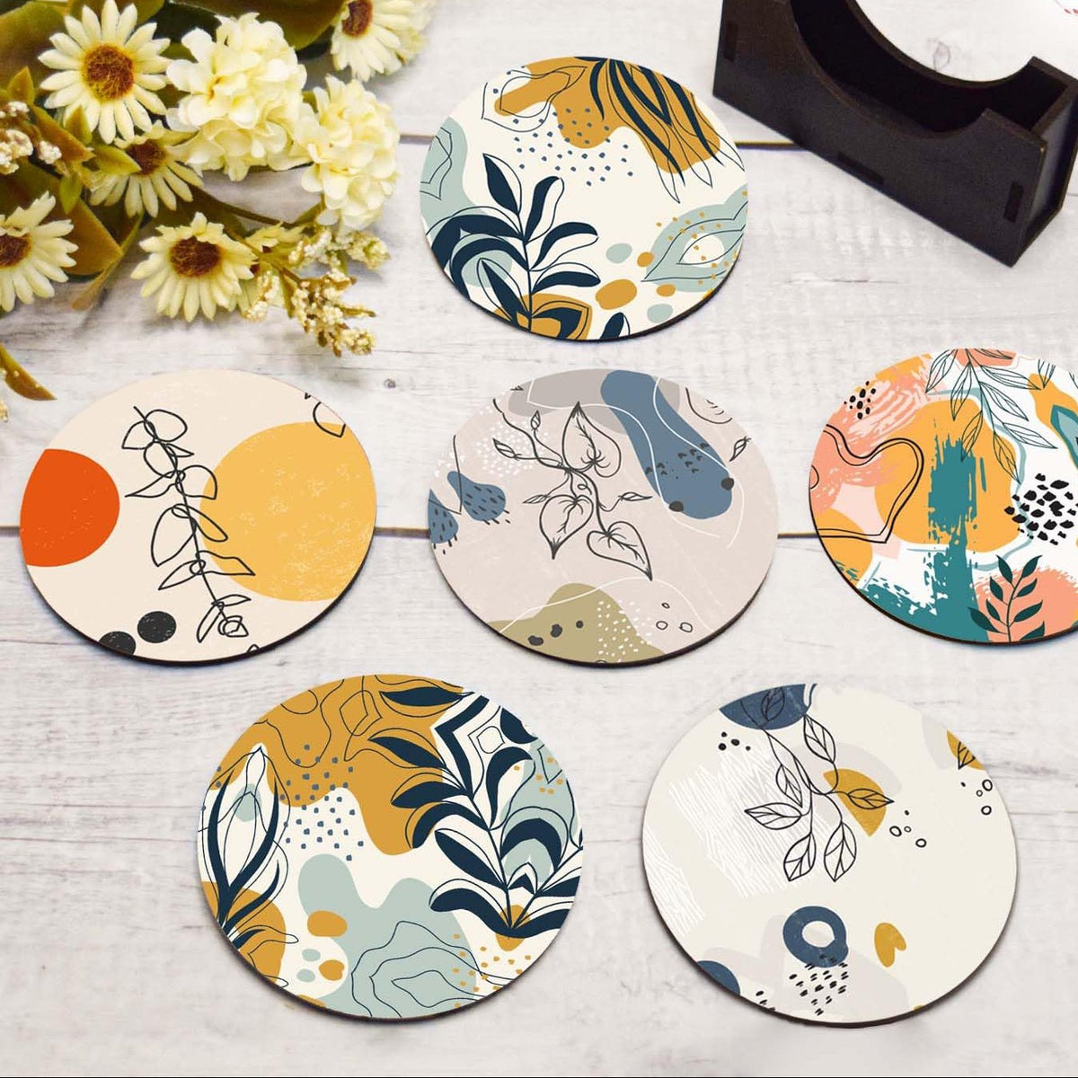 Flora Design Theeonderzetters Set van 6 met Standaard | Prachtig woondecoratie, cadeauartikelen, koffiemokken en glazen