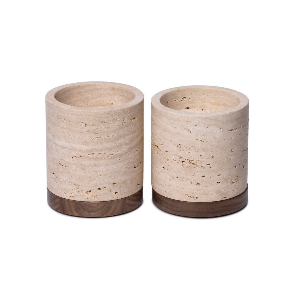 Travertine kaarshouder L Ø9,5x9cm incl. hout plateau