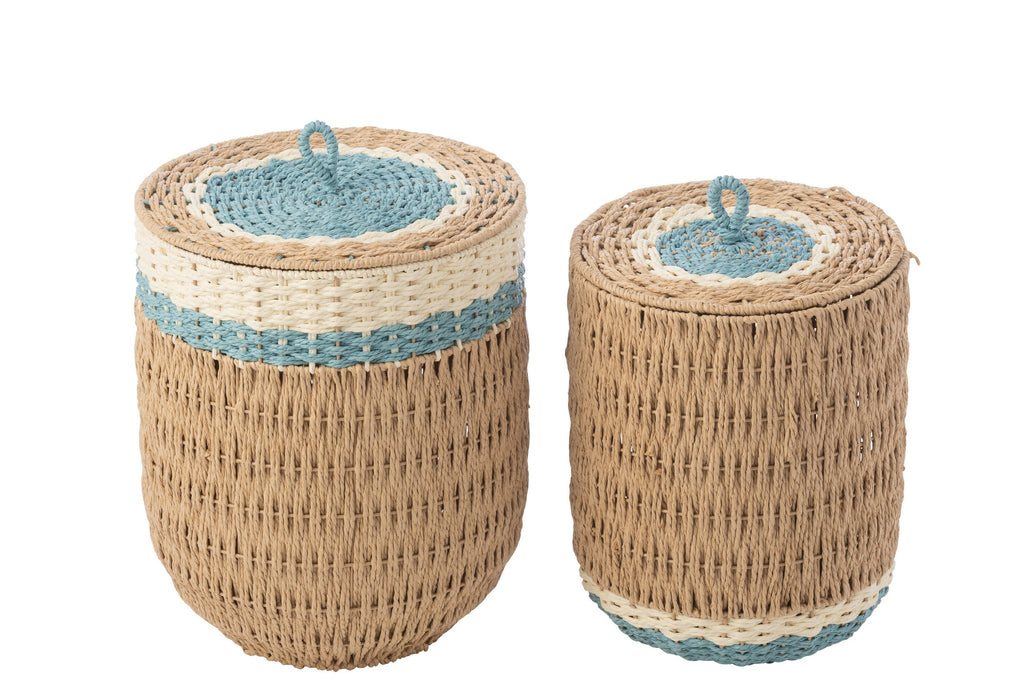 J-Line mand met deksel - papier - naturel/lichtblauw - set van 2