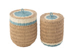 J-Line mand met deksel - papier - naturel/lichtblauw - set van 2