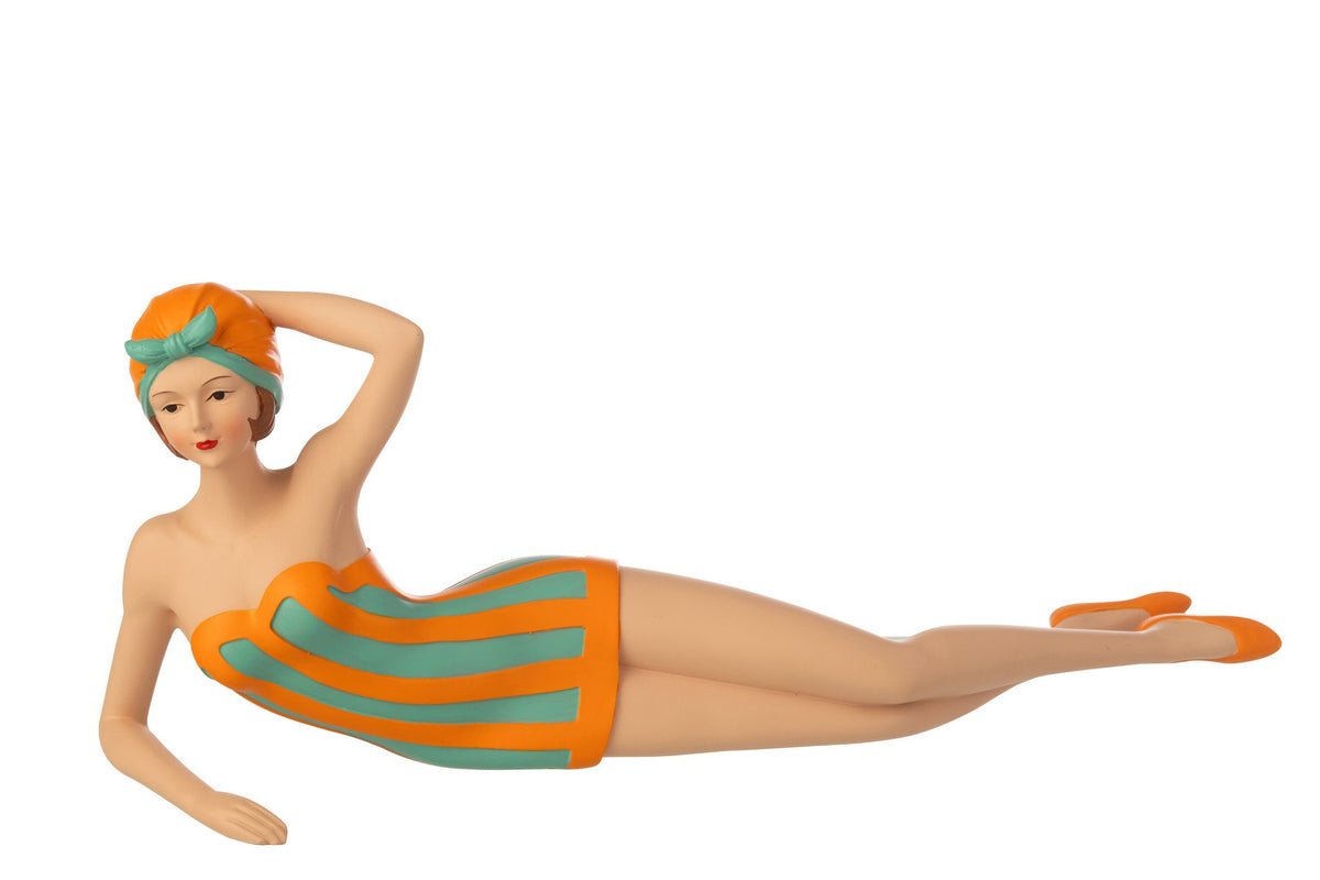 J-Line decoratie Vrouw Badpak Liggend - polyresin - turkoois/oranje