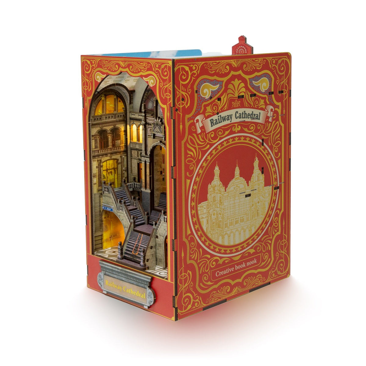 Bouwpakket 3D DIY Boekensteun Booknook Railway Cathedral met LED lichtsensor
