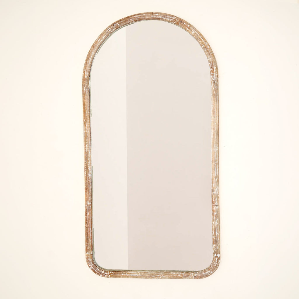 Halfronde wandspiegel in antiek wit mangohouten frame