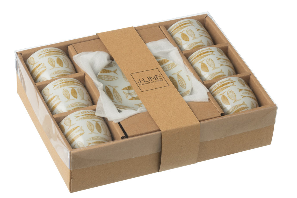 J-Line Doos 6 Kopjes+Schaal Vis Keramiek Bruin