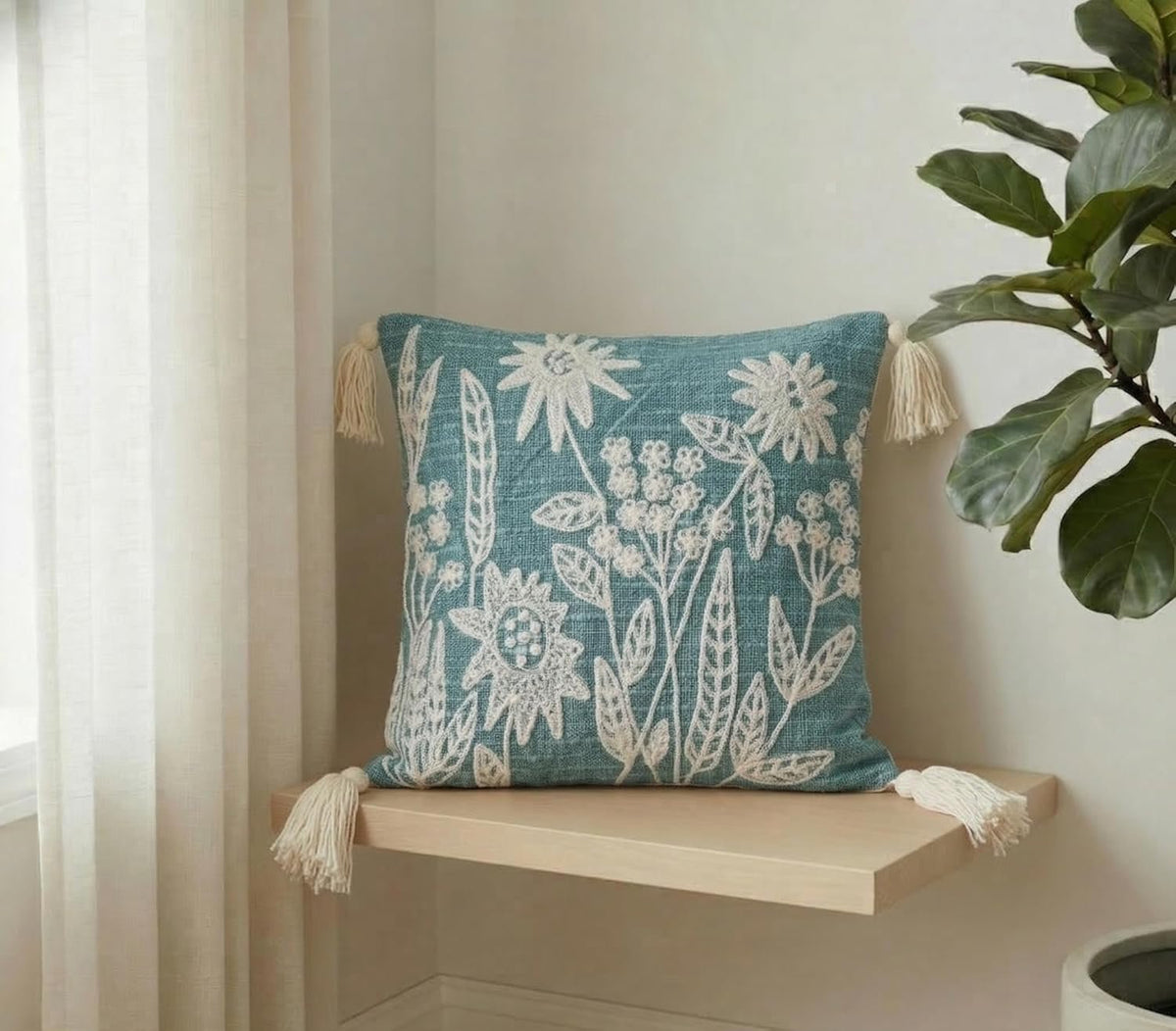 Groene roosjes geborduurde kussenhoes – decoratieve kussensloop – slubkatoen met kwastjes – 16x16 inch (40x40 cm)