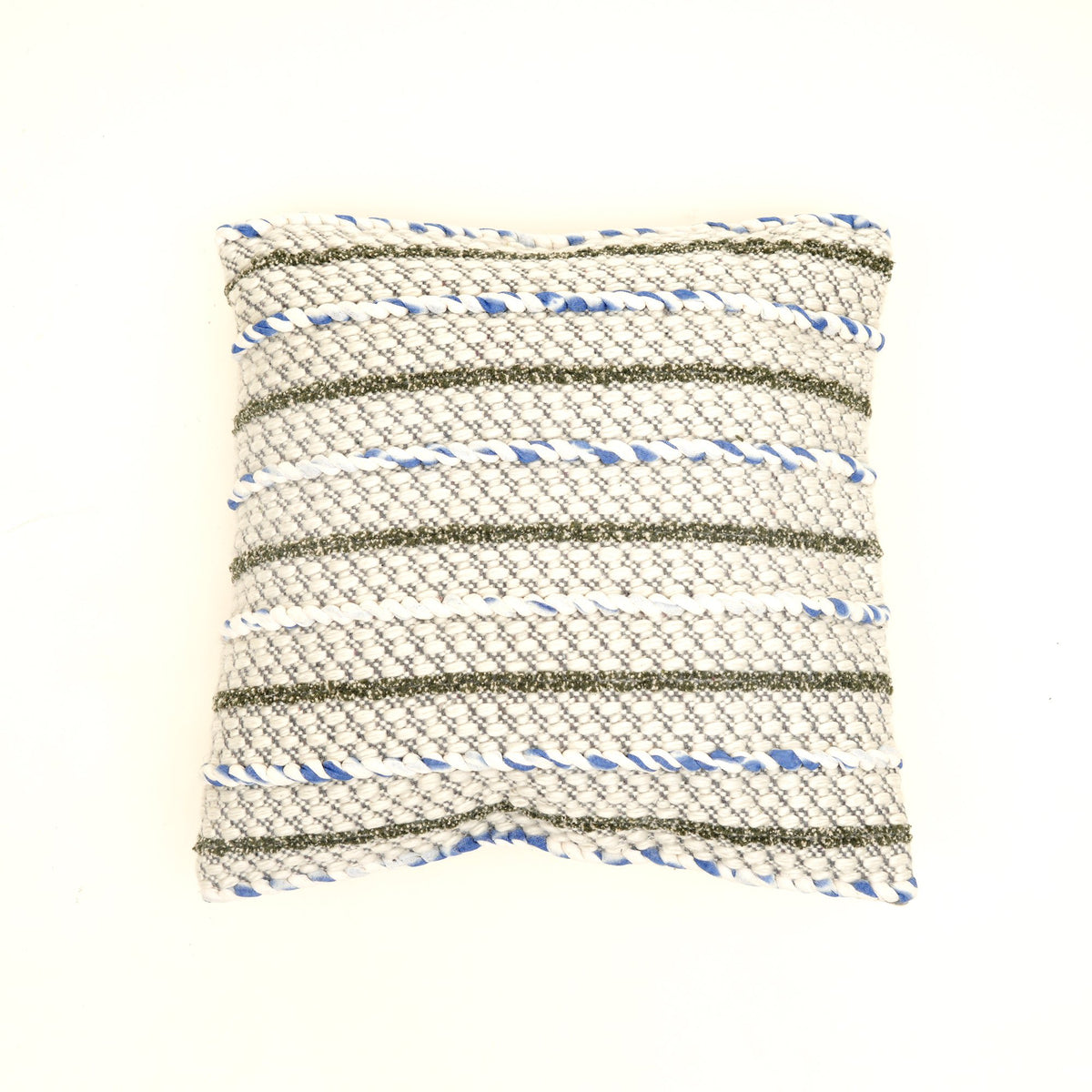 Ivoorkleurig en blauw getextureerd kussen met vulling – handgeweven ontwerp