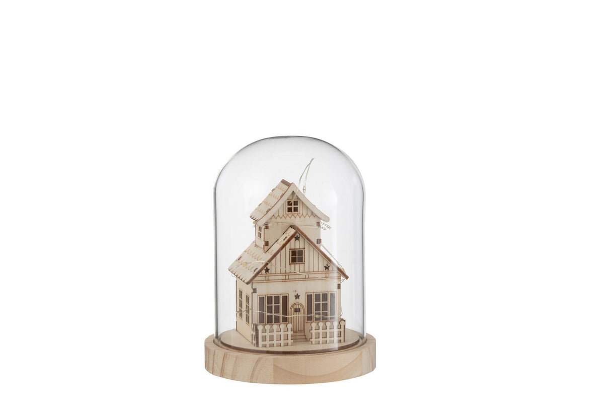 J-Line decoratie Stolp Winter Huis - hout/glas - naturel - LED