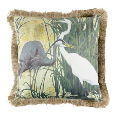 Kussen fluweel blauwe reiger gouden franjes 45x45cm*