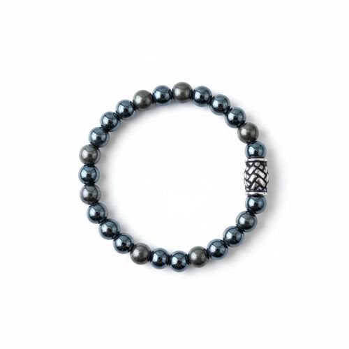 Heren armband Pyriet en Hematiet met vlecht kraal