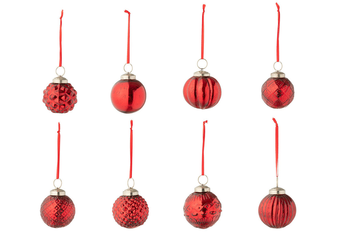 J-Line kerstbal 8 Patronen - glas - rood - doos van 40
