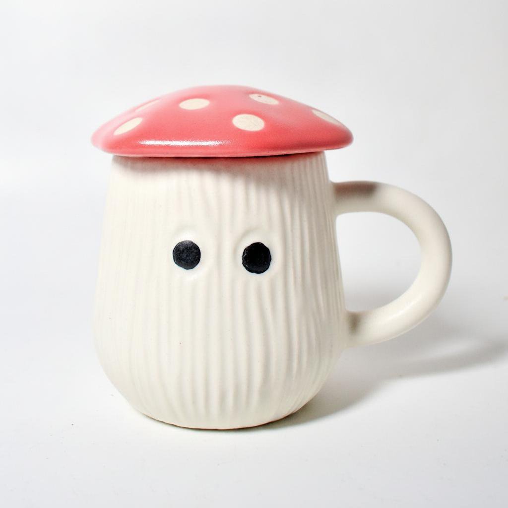 Mok | Keramische paddestoeldop | Wit en rood deksel