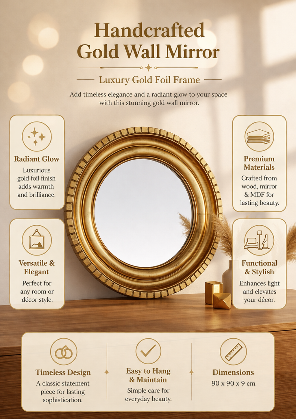 Luxe gouden wandspiegel – handgemaakt frame van goudfolie voor een stijlvol huis