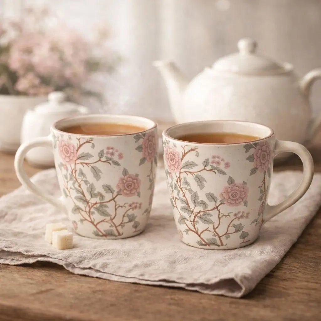 Steengoed botanische mok - roze motief, set