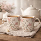 Steengoed botanische mok - roze motief, set
