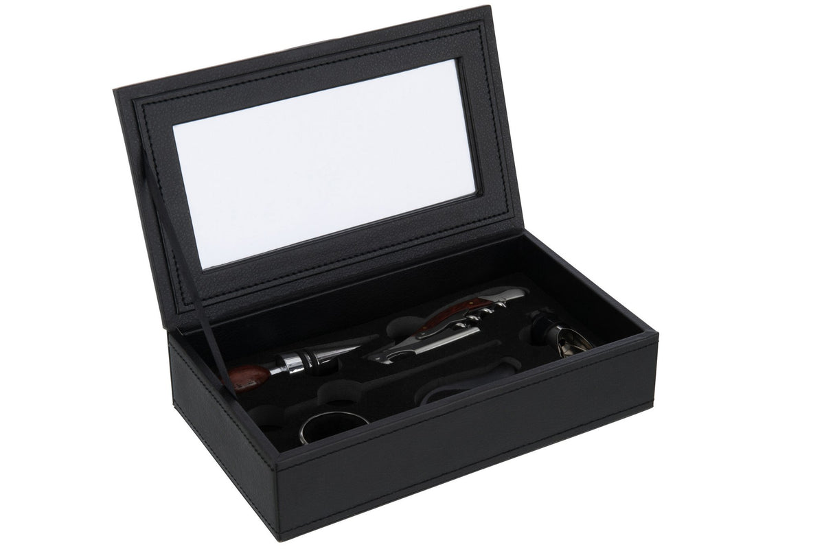 J-Line wijn accessoires - kunstleder/hout - zwart - doos van 6