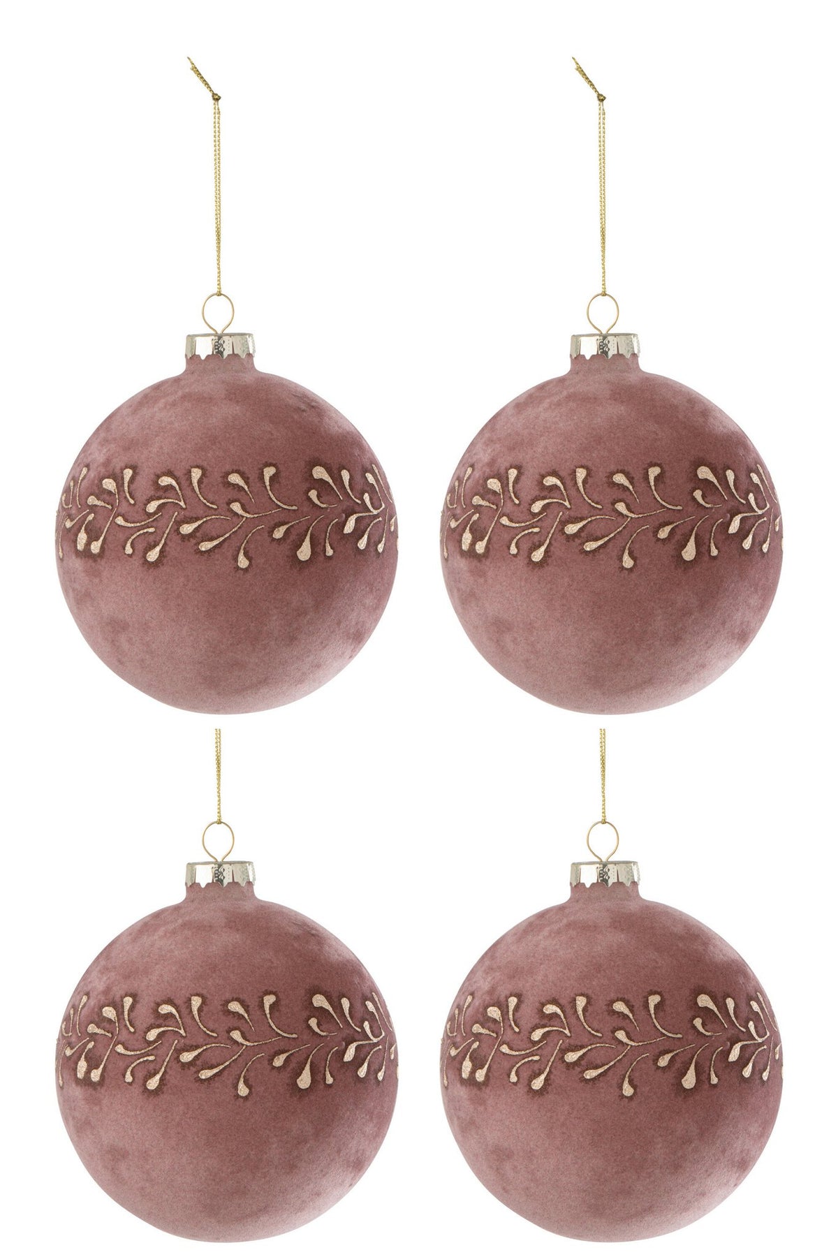 J-Line Doos Van 4 Kerstbal Motief Fluweel Licht Roze/Goud