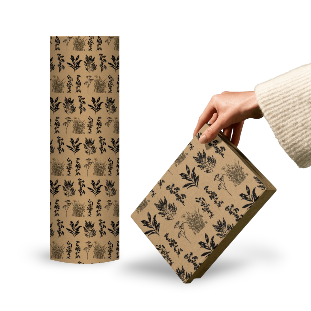 Cadeaupapier - Kraft herbarium - zwart– 50 cm x 150 meter
