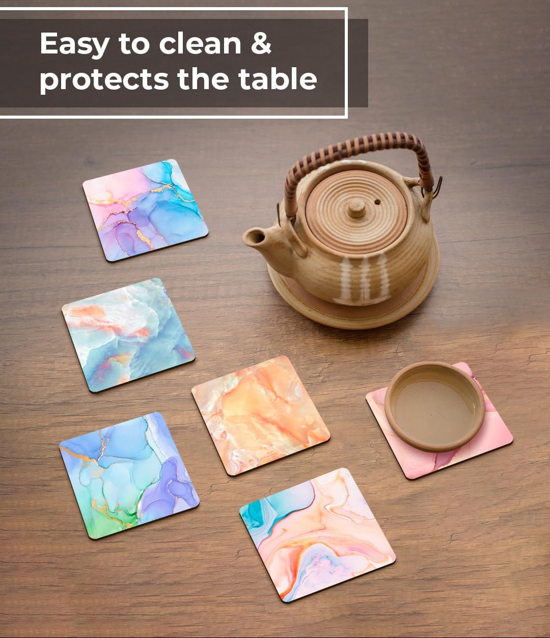 Premium Designer bedrukte marmeren houten onderzetters set van 6 (3,5") | Theekopjes, koffiemokken, glazen, woondecoratie, tafelbescherming