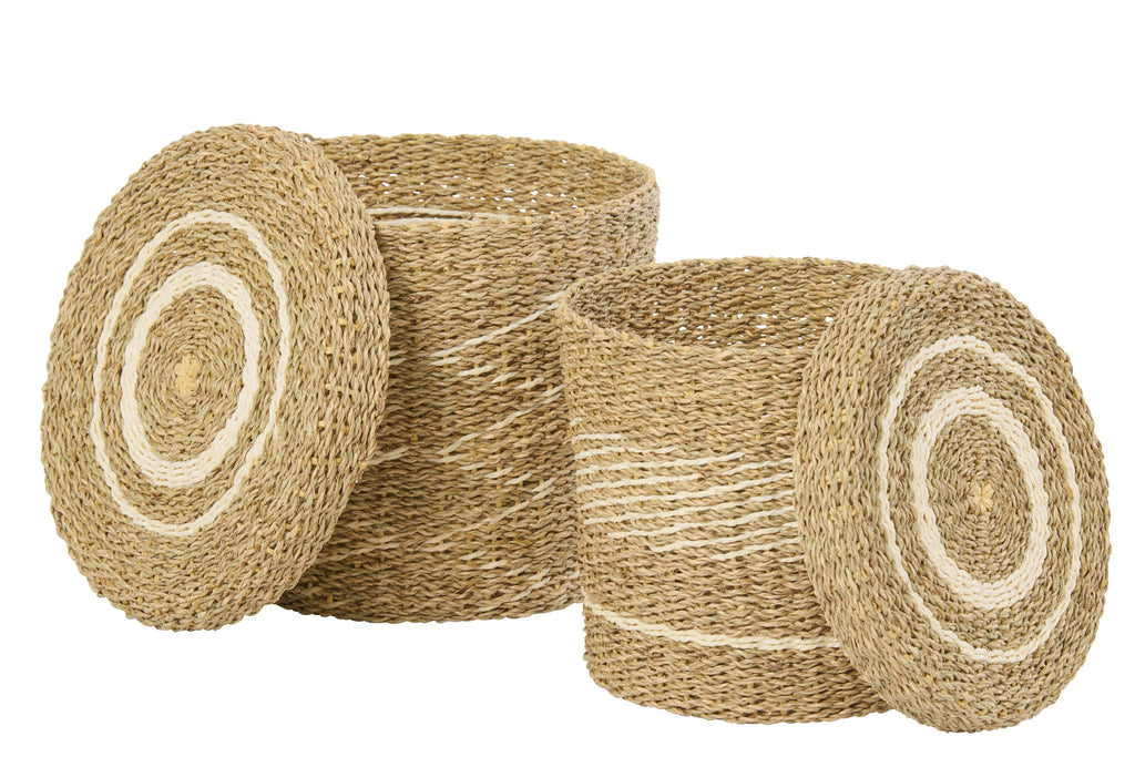 J-Line mand + deksel - ijzer/papier - wit/naturel - set van 2