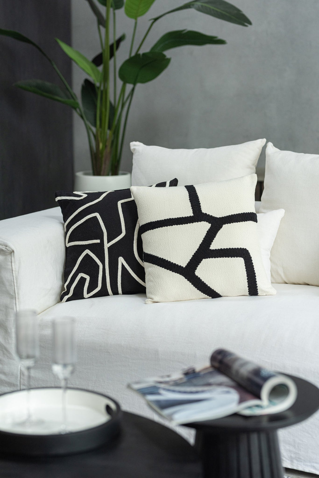J-Line kussen Streep - textiel - wit/zwart