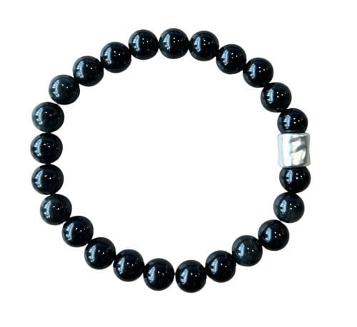 Heren armband zwarte Obsidiaan 8 mm met matzilverkleur kraal