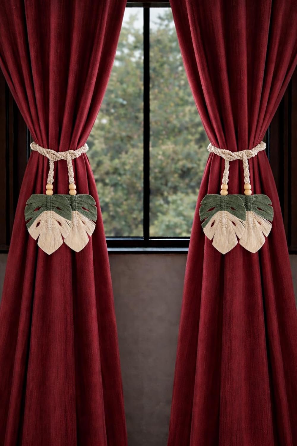 Decoratieve gordijnhouders – Macramé-bindset – bladontwerp van katoenen touw – 2-pack (4x45")