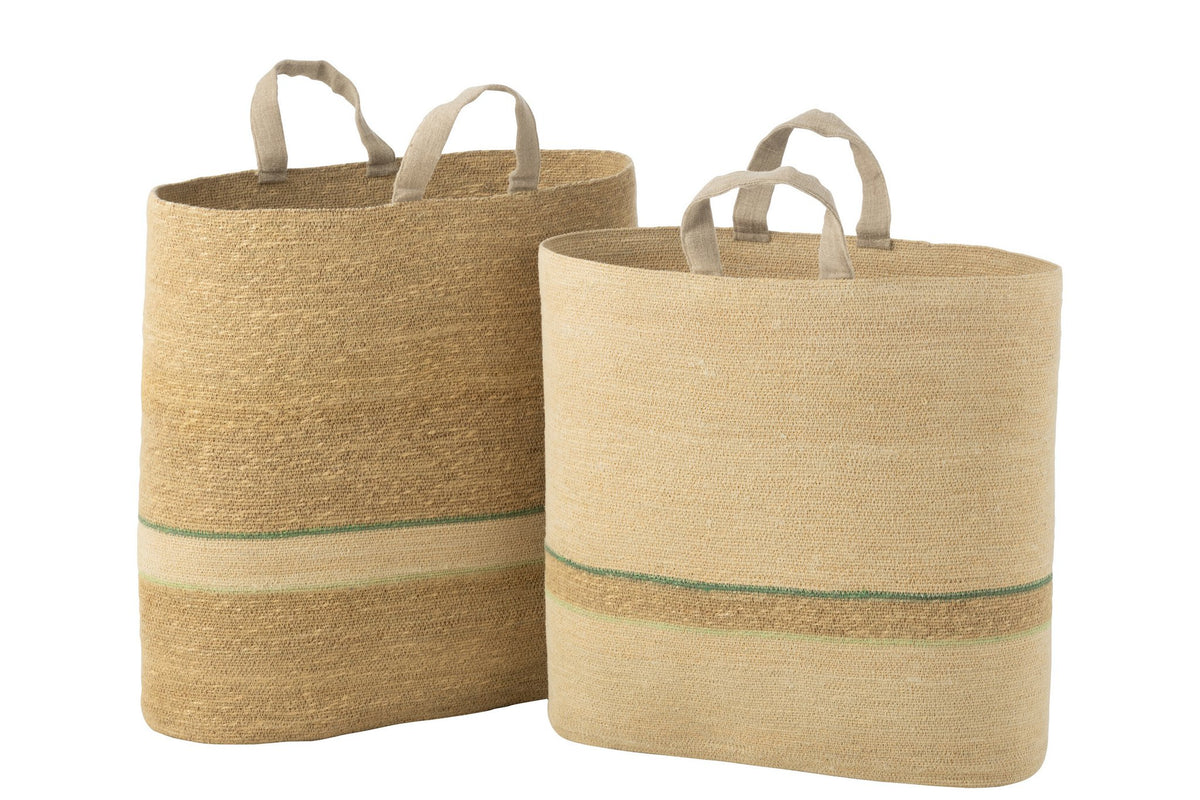 J-Line mand strepen + handvat - naturel/groen - 2 stuks