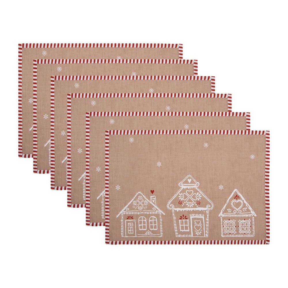 Placemats Set van 6 48x33 cm Bruin Katoen Gingerbread house