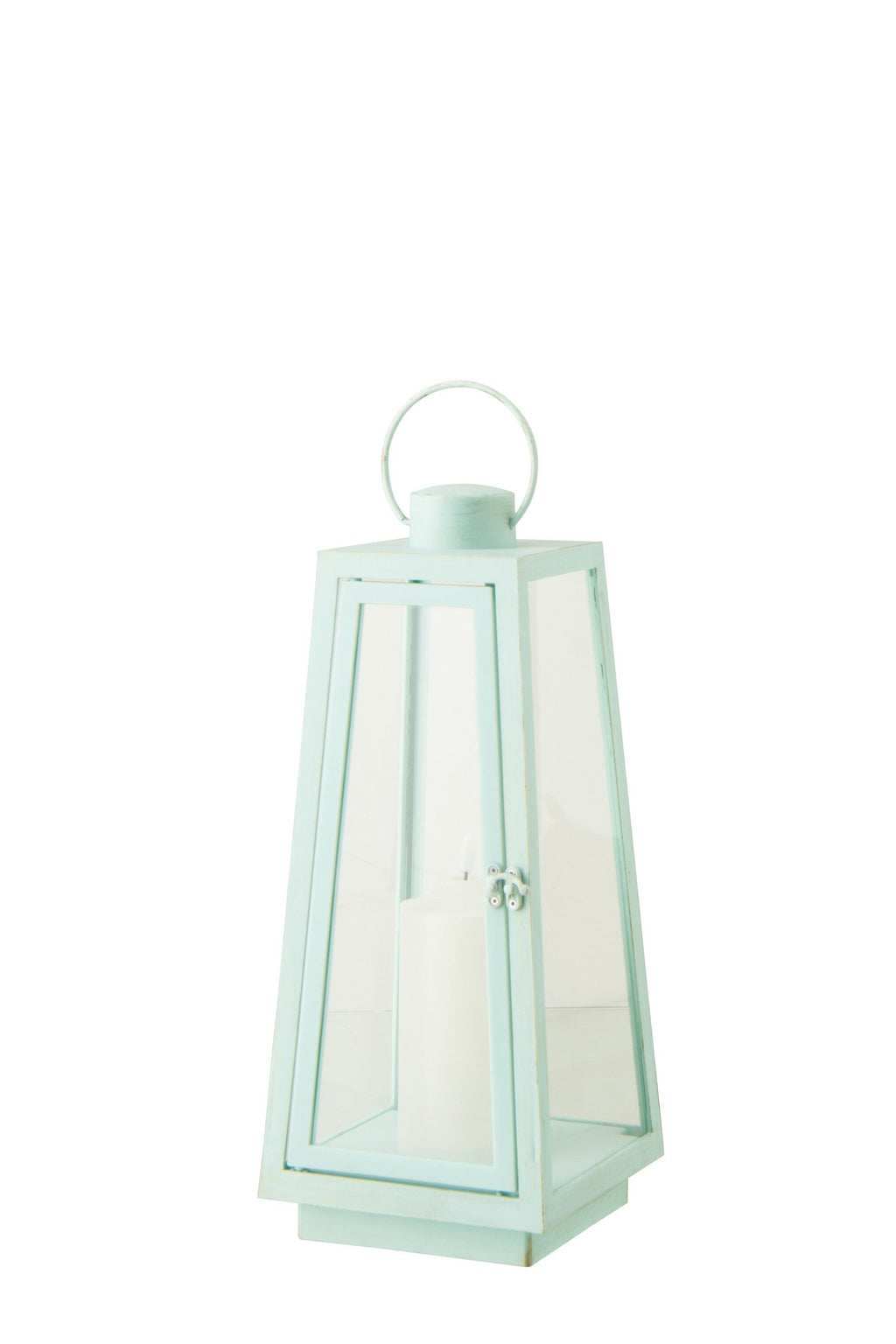 J-Line lantaarn + kaars - glas - turkoois - M - LED lichtjes