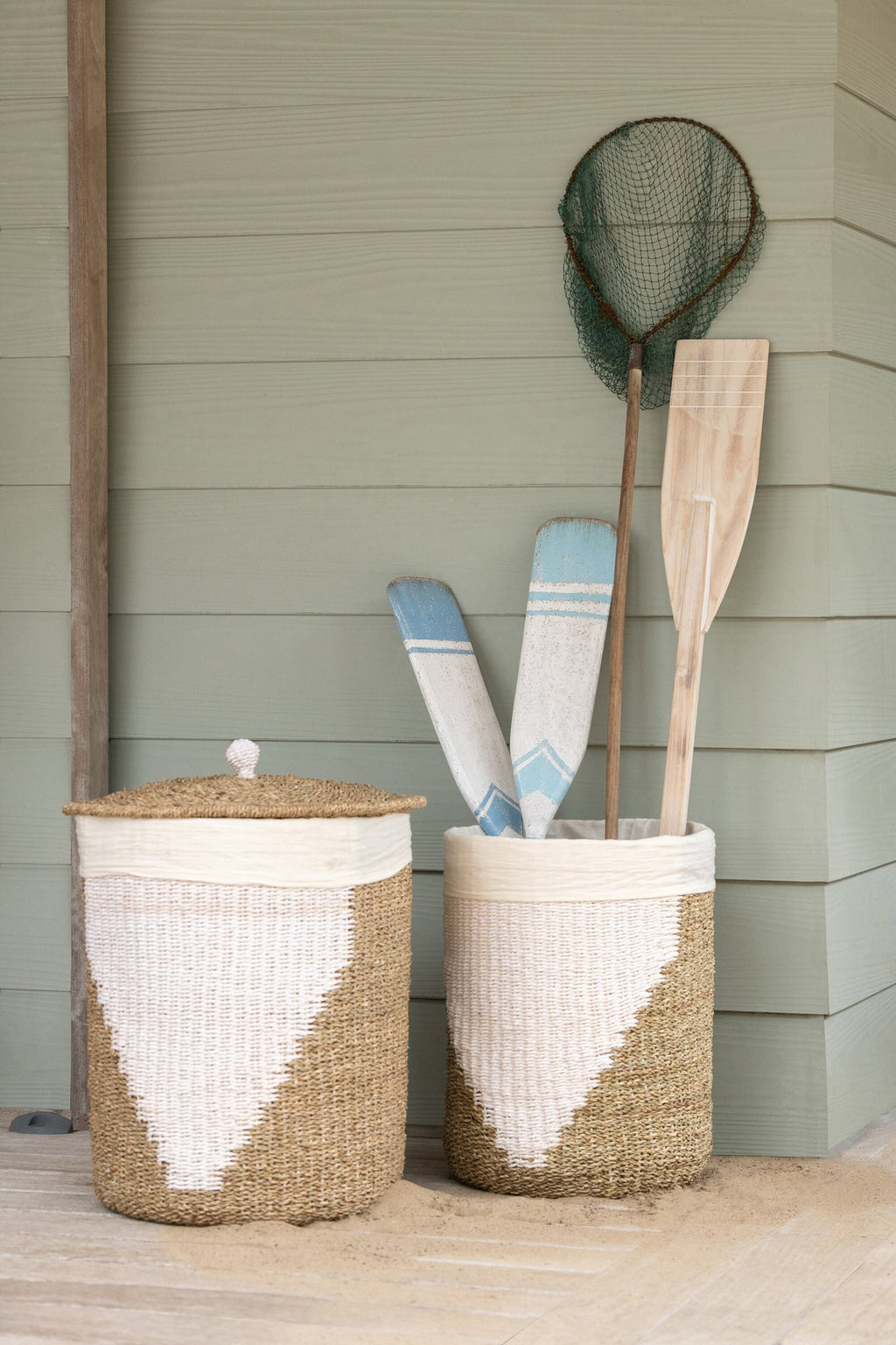 J-Line mand + deksel - ijzer/papier - wit/naturel - set van 2