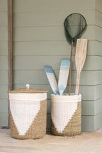 J-Line mand + deksel - ijzer/papier - wit/naturel - set van 2