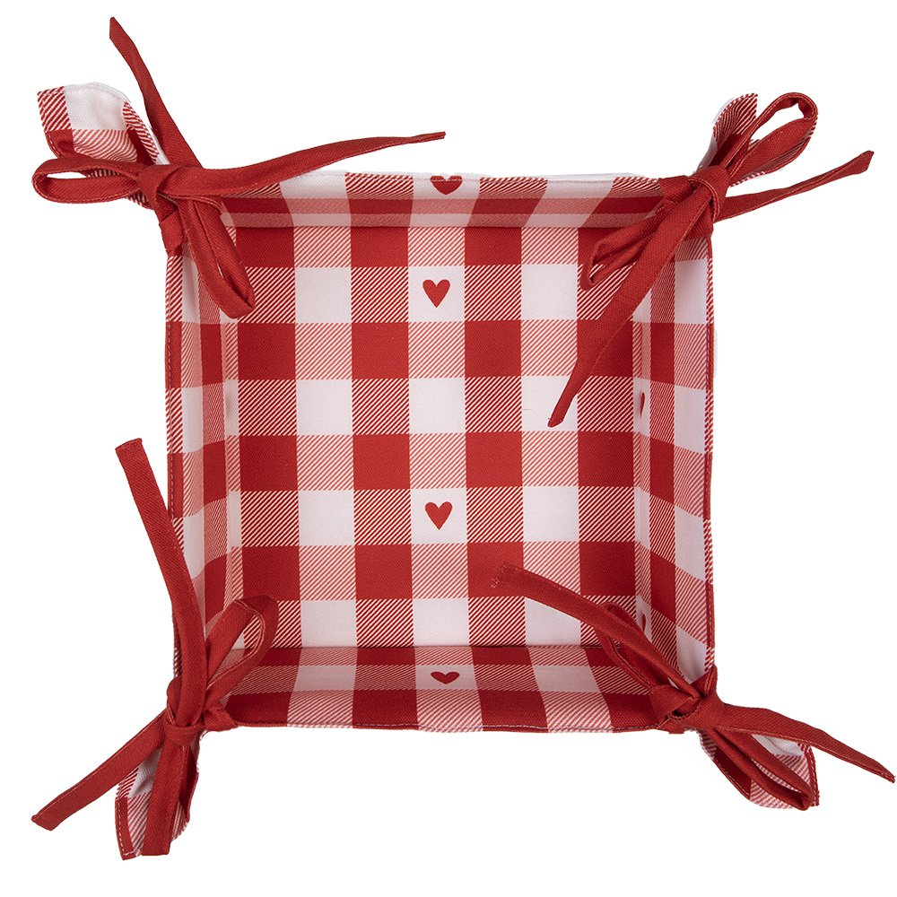 Broodmand 35x35x8 cm Wit Rood Katoen Hartjes