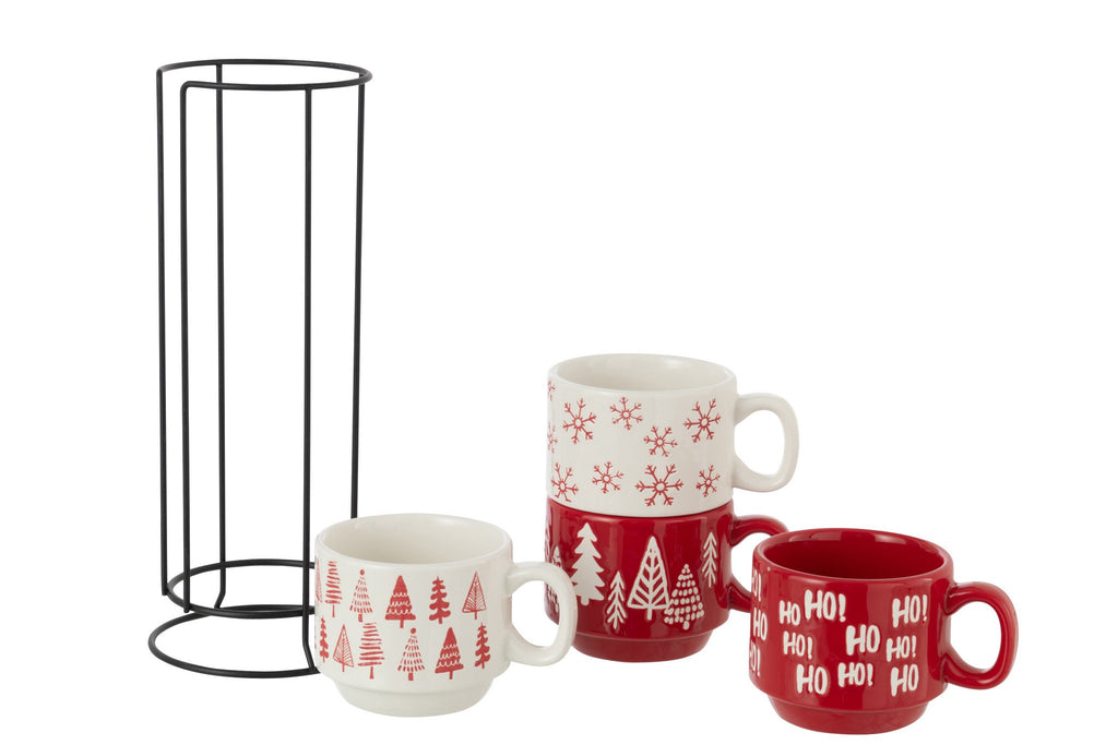 J-Line kop Kerstmis Dolomiet - keramiek - rood/wit - set van 4