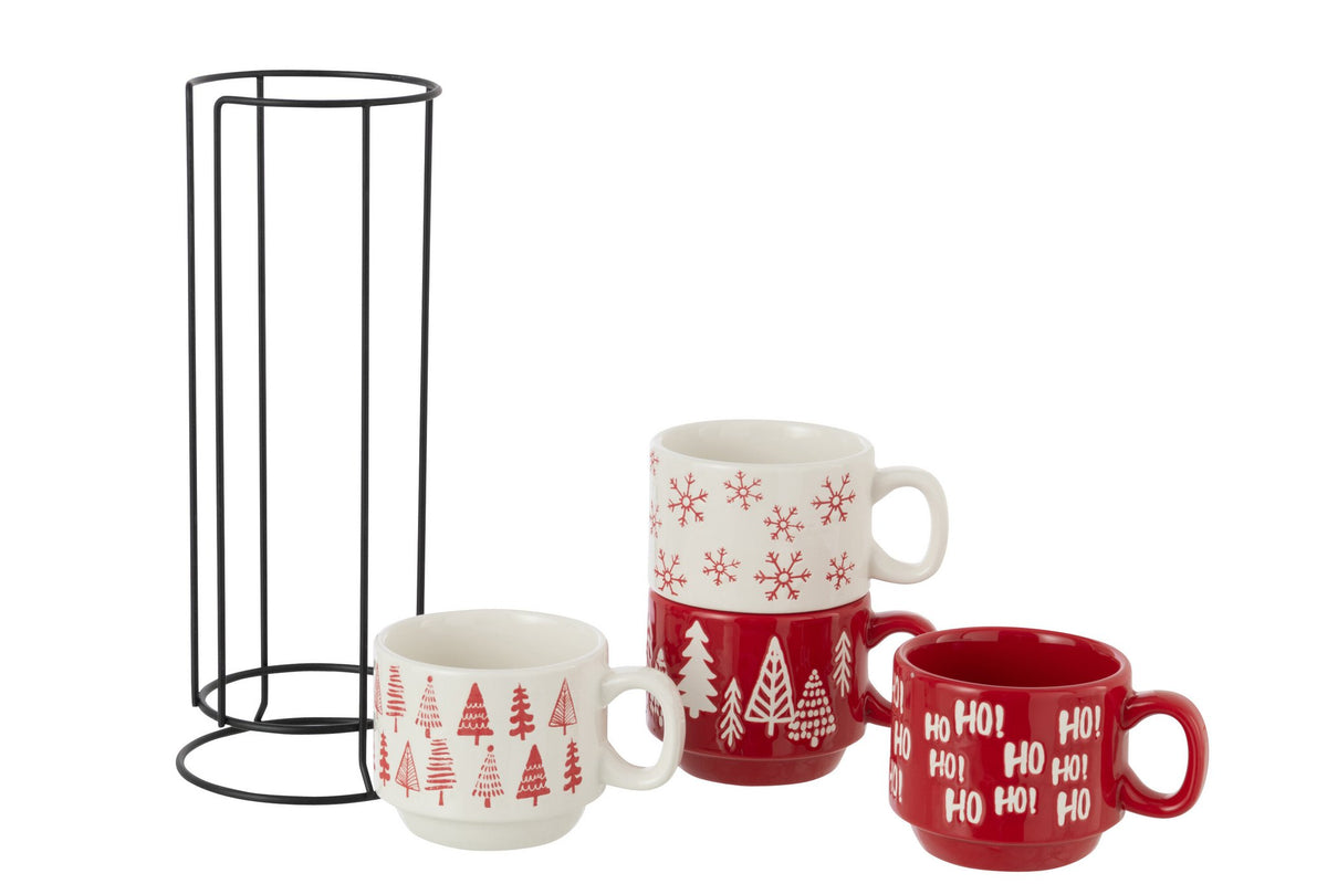 J-Line kop Kerstmis Dolomiet - keramiek - rood/wit - set van 4