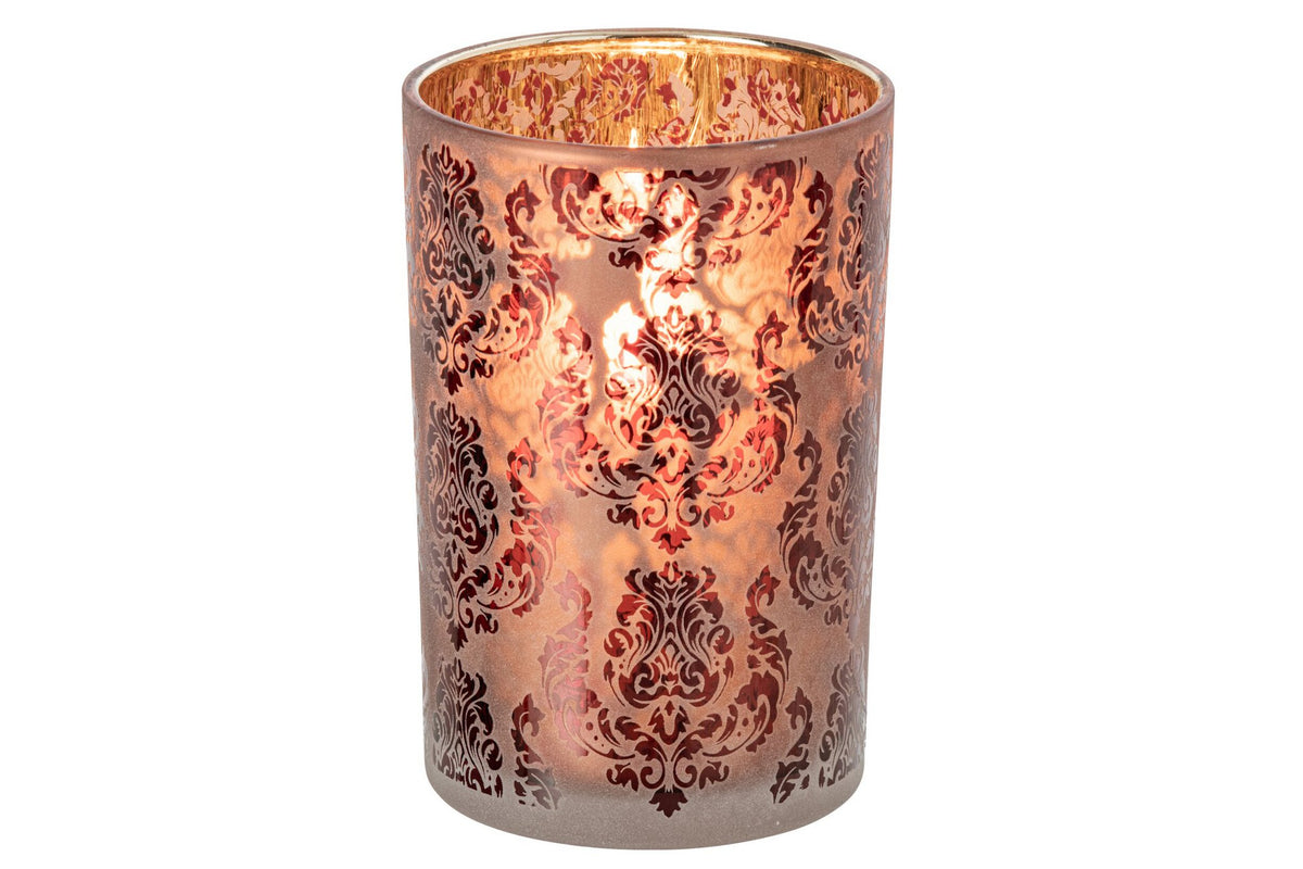 J-Line Windlicht met bloemen - glas - bordeaux/koraal - L