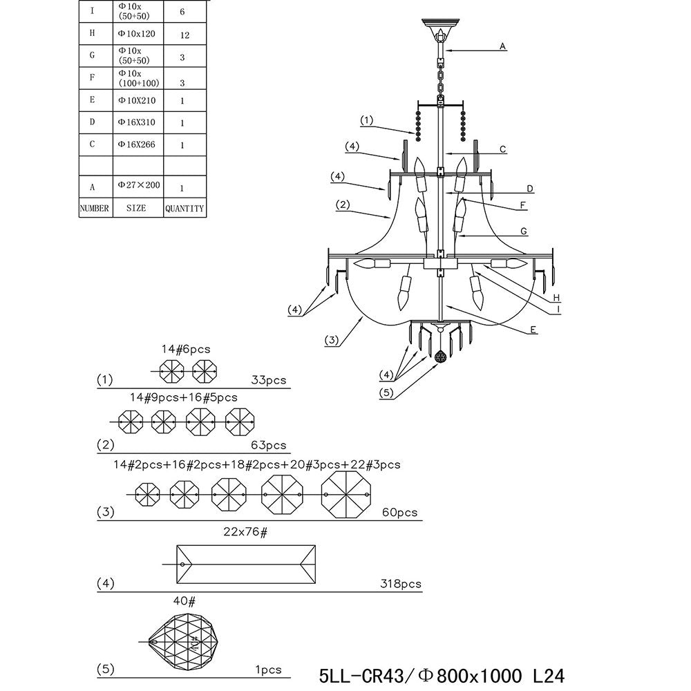 Kroonluchter Ø 80x105/220 cm Transparant IJzer Hanglamp