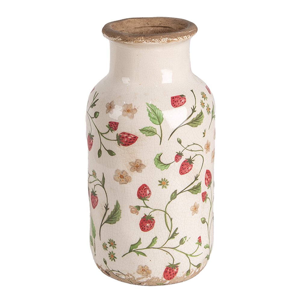 Vaas Ø 14x26 cm Beige Rood Keramiek Aardbeien