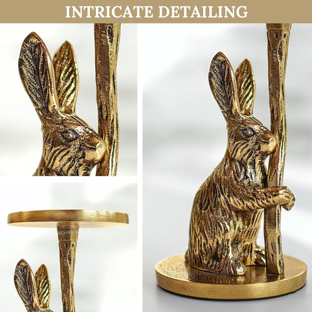 Staande kaarshouder – aluminium konijnbeeldje – gouden afwerking, 16 cm