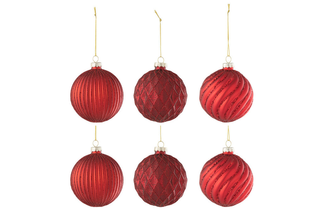 J-Line kerstbal Geribbeld & Geruit - glas - rood - small - doos van 6