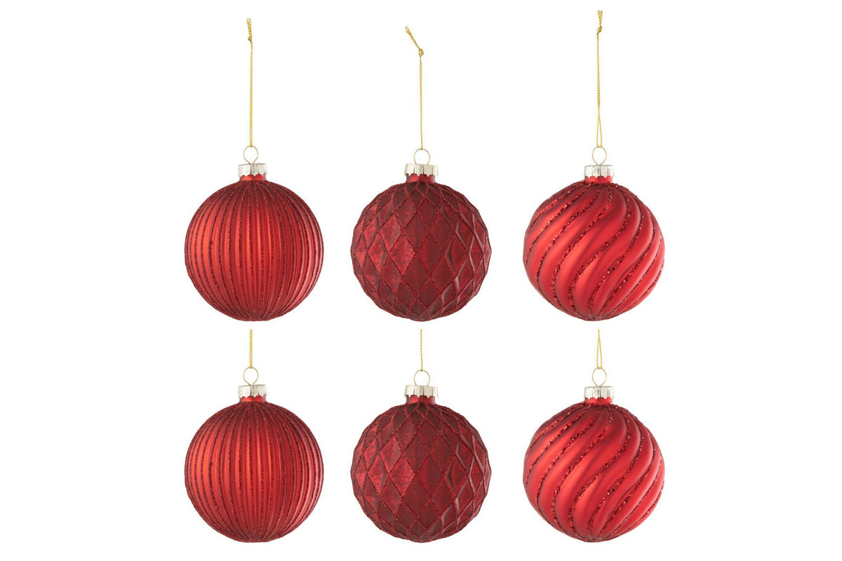 J-Line kerstbal Geribbeld & Geruit - glas - rood - small - doos van 6