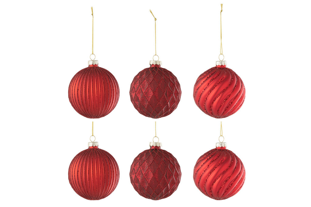 J-Line kerstbal Geribbeld & Geruit - glas - rood - small - doos van 6