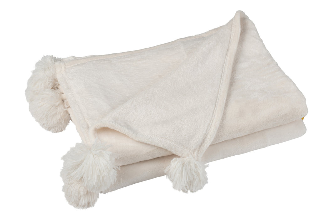 J-Line Plaid Pompon - polyester - crème - 170 x 130 cm