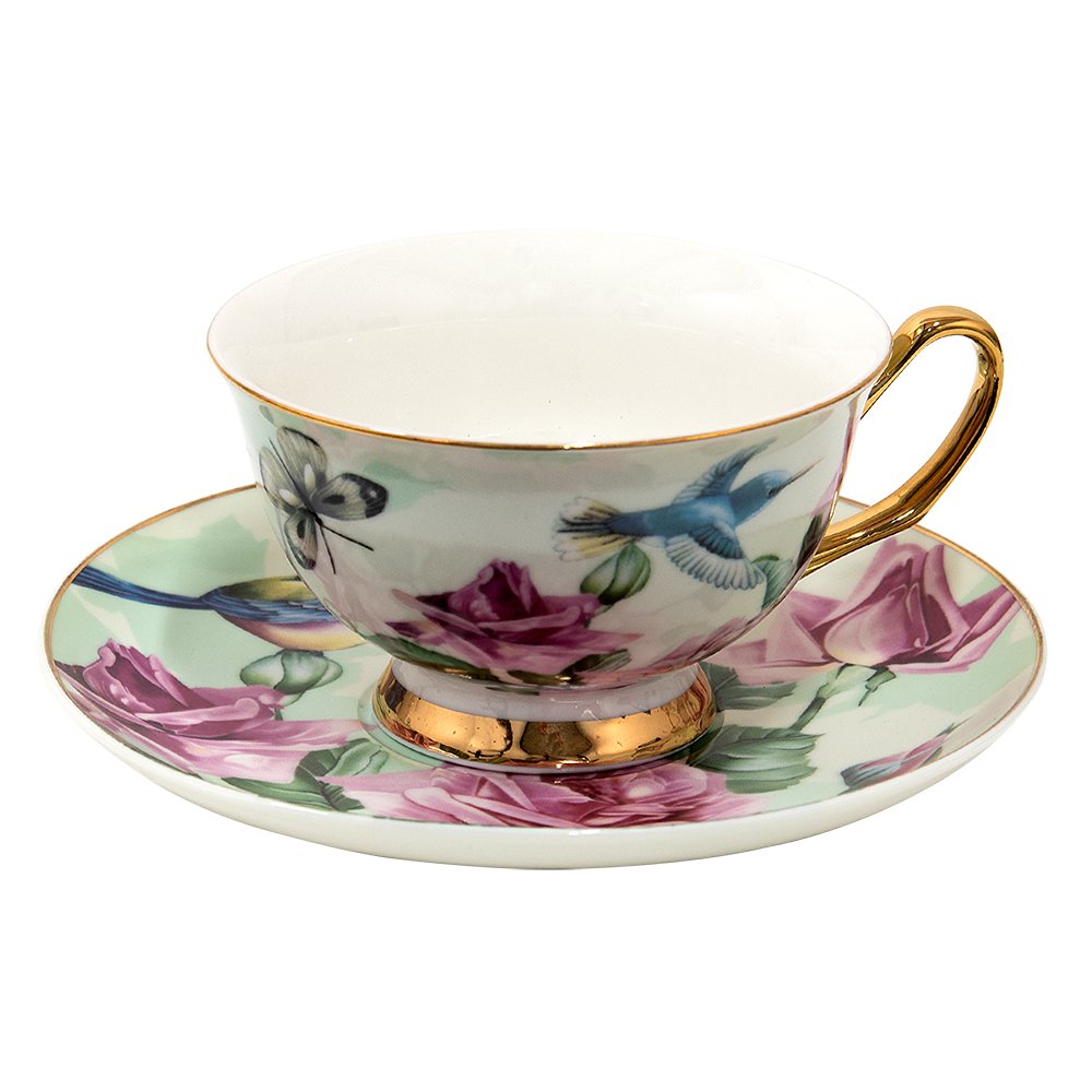 Kop en Schotel 200 ml Groen Porselein Bloemen Servies