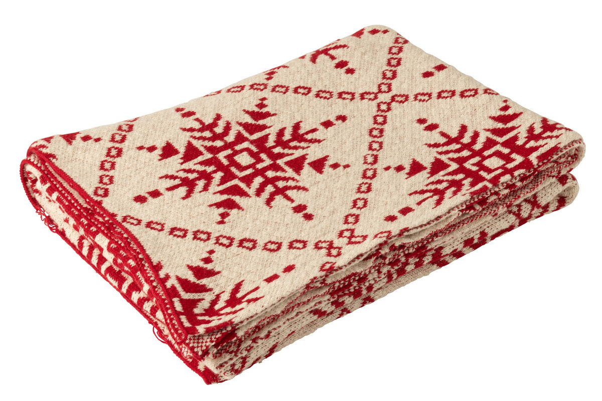 J-Line deken Sneeuwvlokken - katoen - wit/rood